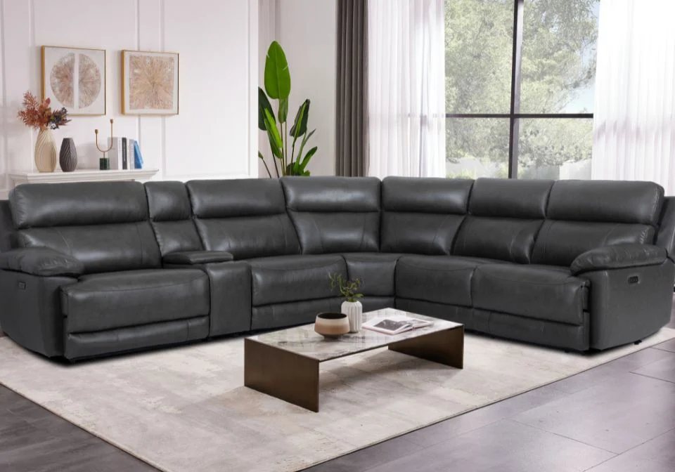 Charcoal leather reclining sectional