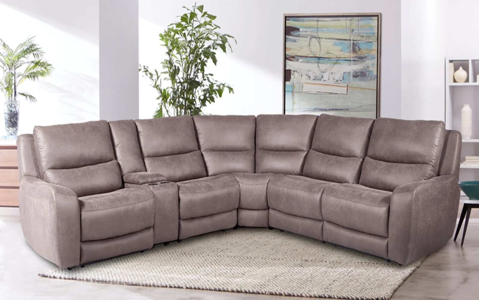 Taupe fabric reclining sectional with cupholder console
