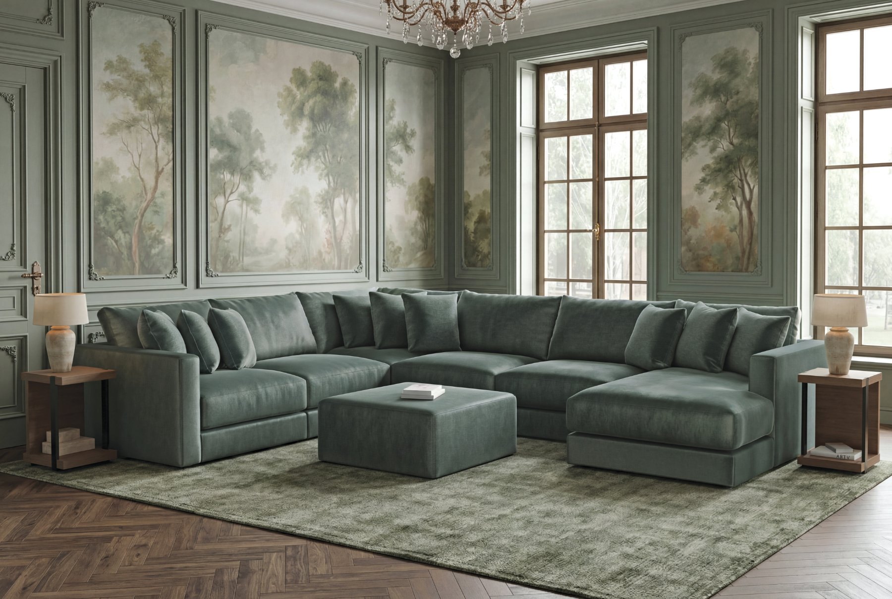Jackson Remington modular sectional in Pine green with cocktail ottoman